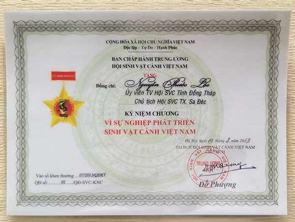Ban Chấp Hành Trung Ương Hội Sinh Vật Cảnh Việt Nam trao tặng Kỷ niệm chương Vì Sự Nghiệp Phát Triển Sinh Vật Cảnh Việt Nam năm 2013